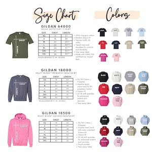 K&ouml;nnte beinhalten: Eine Gr&ouml;&szlig;entabelle und Farbauswahl f&uuml;r Bekleidung der Marke Gildan, einschlie&szlig;lich T-Shirts, Crewneck-Sweatshirts und Kapuzenpullovern. Die Tabelle enth&auml;lt Brust- und L&auml;ngenma&szlig;e in Zoll f&uuml;r verschiedene Gr&ouml;&szlig;en sowie eine Reihe verf&uuml;gbarer Farben.