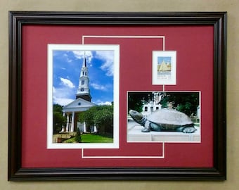 May include: A framed collage of three images. The top left image shows a white church with a steeple against a blue sky. The top right image shows a small sailboat. The bottom image shows a large turtle statue in front of a building.