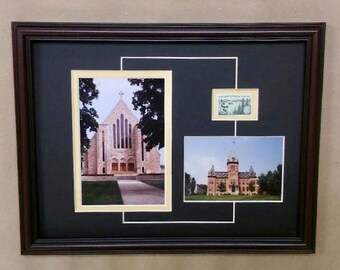 May include: A framed collage of three images. The top image is a black and white photo of a church building. The middle image is a color photo of a building with a clock tower. The bottom image is a color photo of a building with a clock tower.