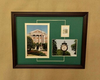 May include: A framed collage of three images. The top left image shows a brick building with a green lawn in front. The top right image shows a small black and white photo of a building. The bottom image shows a clock with a black face and white numbers.