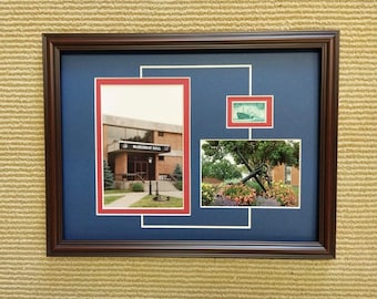 May include: A framed collage of three photos. The top left photo shows a brick building with the text "McMurtry Hall 197" above the entrance. The top right photo shows a vintage postage stamp with a ship. The bottom photo shows a large anchor in front of a building.