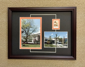 May include: A framed collage of three images. The top image is a black and white stamp of a woman in a hat. The left image is a color photo of a building with a tree in front of it. The right image is a color photo of a building with a tree in front of it.
