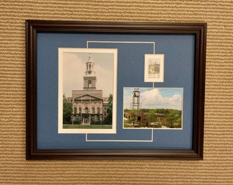 May include: A framed collage of three images. The top left image shows a white building with a clock tower. The top right image is a vintage postage stamp. The bottom image shows a building with a tall tower.