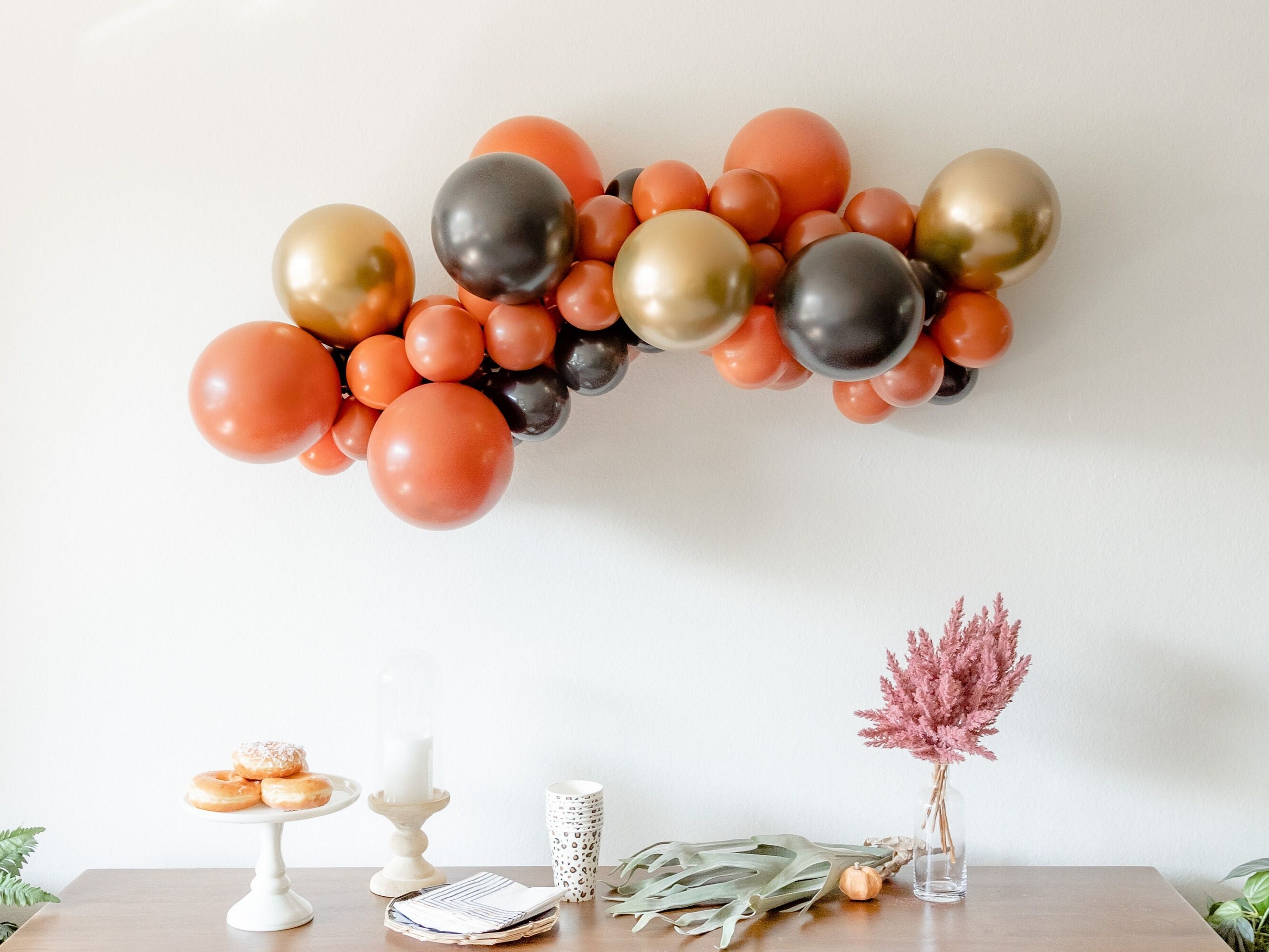 Pumpkin Harvest Balloon Garland Kit with Terracotta Burnt Orange Chrome Gold Black Balloons for Dinner Party Thanksgiving or Fall Birthday