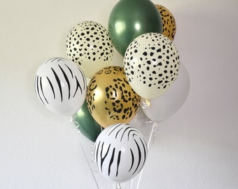 Deux ballons sauvages pour une fête safari dans la jungle avec un guépard vert forêt, un léopard et un zèbre sauvage, un anniversaire, un enterrement de vie de jeune fille, une fête tropicale