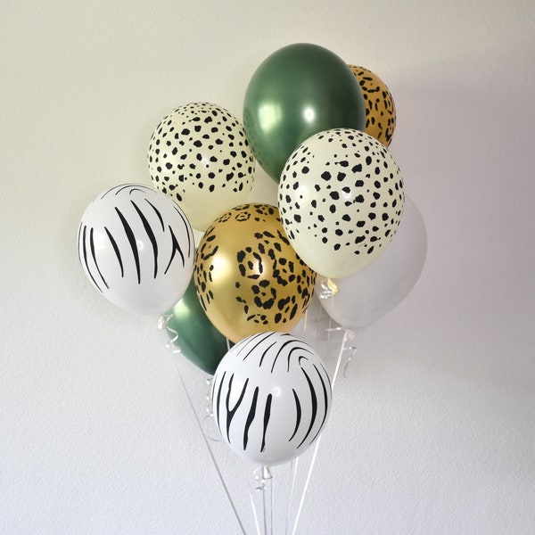 Two Wild Balloons for Jungle Safari Party with Forest Green Cheetah Leopard & Zebra Wild One Birthday Balloons Bachelorette Tropical Party