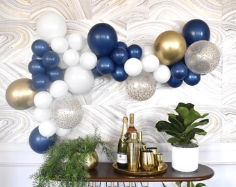 Navy Blue White & Chrome Gold SIGNATURE-STYLE Balloon Garland Kit for Boy Birthday | First Birthday | Baby Shower | Engagement Party