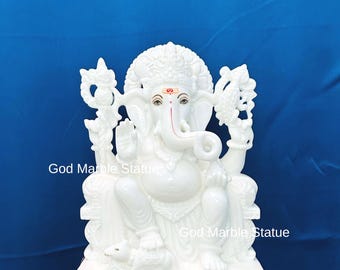 Hand Carved White Marble Ganesh Statue - Hindu God Idol - 15 Inch