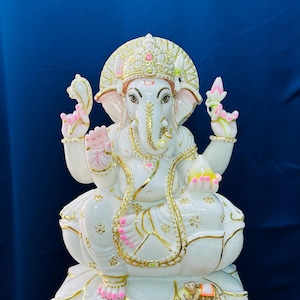 Exotic White Natural Marble Ganesh statue for Home / office / temple | Natural 18 inch Marble Ganesh Sculpture - Handmade Hindu Deity Figure