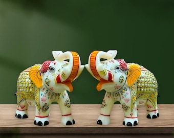 手作りの緑色大理石の象の置物2体セット：インドのホーム