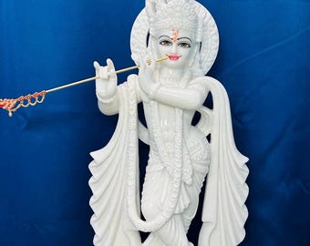 Handmade White Marble Krishna Statue | Hindu God Murti, Home Temple Decor