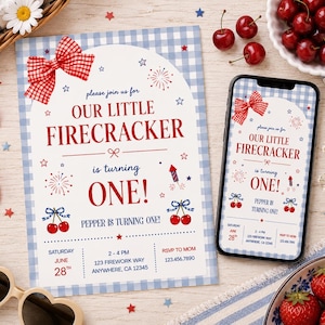 Our Little Firecracker First Birthday Invitation, Summer Birthday Party Invite Template, Editable Canva