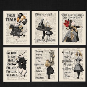 Alice In Wonderland Themed Dictionary Prints, Set of 6 Vintage Style Wonderland Prints, 8 x 10 Dictionary Prints Alice in Wonderland