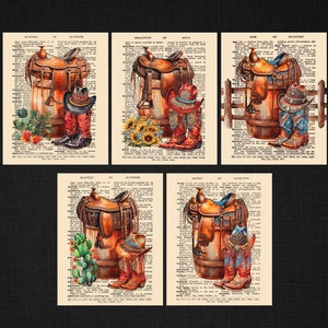 Cowboy Themed Dictionary Prints, Set of Five 8 x 10 Vintage Cowboy Wall Decor, Cowboy Boots, Saddle, Hat, Vintage Cowboy  Themed Art
