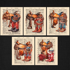 Cowboy Themed Dictionary Prints, Set of Five 8 x 10 Vintage Cowboy Wall Decor, Cowboy Boots, Saddle, Hat, Vintage Cowboy  Themed Art