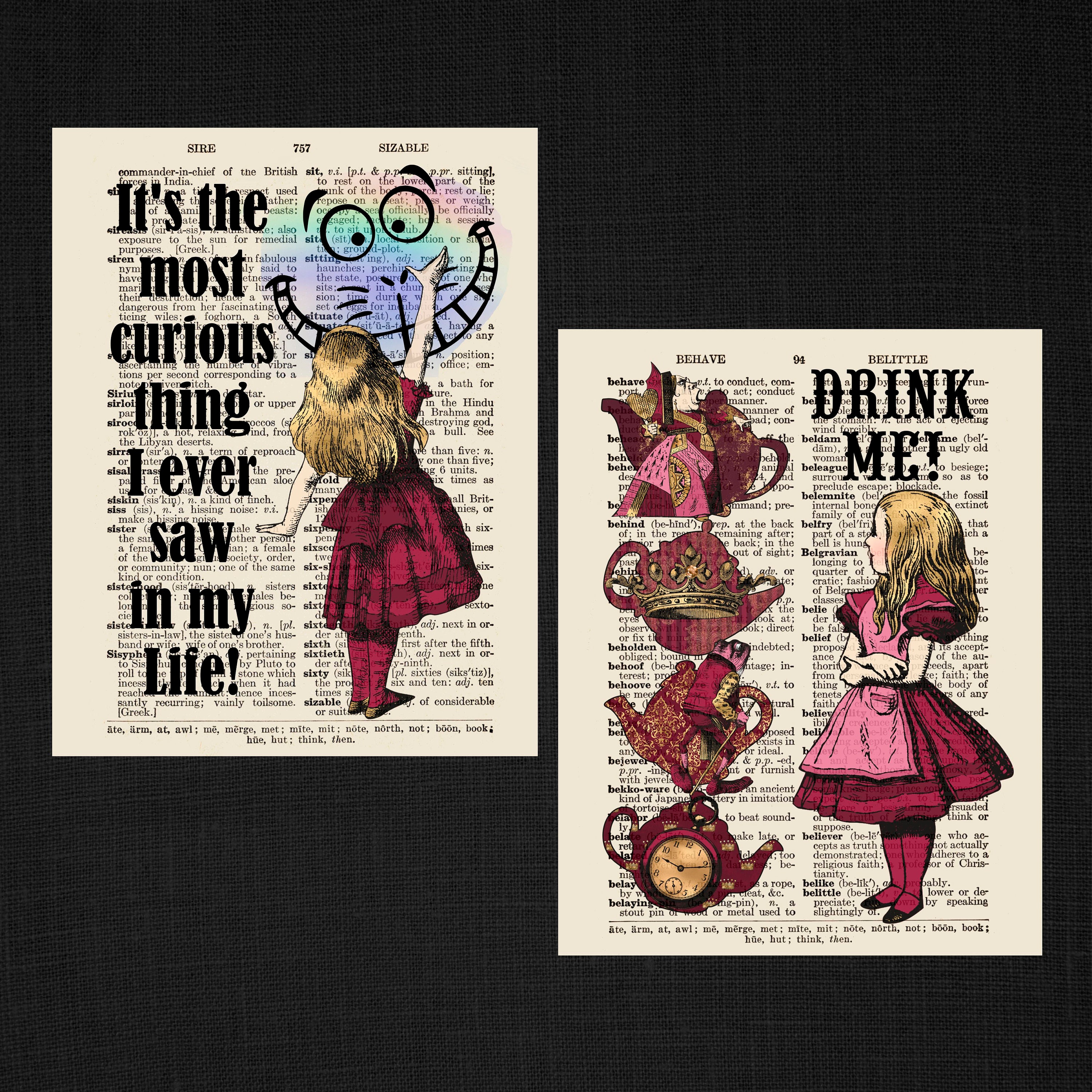 Alice in Wonderland Themed Dictionary Prints, Set of 6 Vintage Style ...