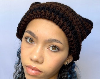 Brown and Black Crochet Striped Cat Ear Beanie, Crocheted Kitty ear hat - Cute Handmade Accessory