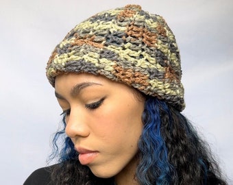 Multicolored Crochet Beanie - Gray and Tan Striped Crocheted Hat