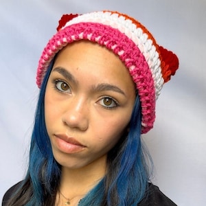 Cat Ear Beanie Lesbian Pride flag - Striped Crocheted Kitty ear hat - Crochet Cute Handmade Accessory - Gift for her