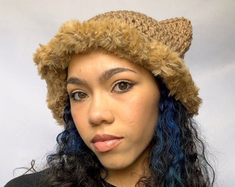 Tan Crochet Cat Ear Beanie with fluffy faux fur brim, Crocheted Kitty ear hat - Cute Handmade Accessory