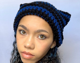 Blue and Black Crochet Striped Cat Ear Beanie, Crocheted Kitty ear hat - Cute Handmade Accessory