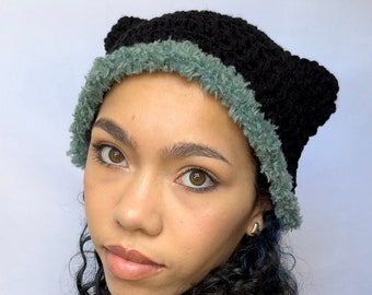 Striped Crochet Fluffy Cat Ear Beanie -  Crocheted Kitty ear hat - Faux Fur Brim