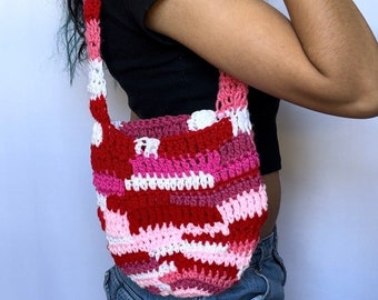 Pink Scrap Yarn Crochet Tote Bag - Pink and red striped shoulder bag