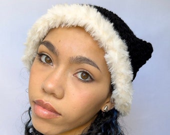 Black Crochet Cat Ear Beanie with White fluffy faux fur brim, Crocheted Kitty ear hat - Cute Handmade Accessory