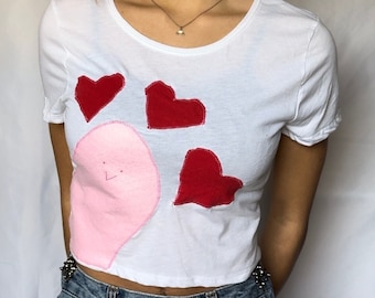 Worm Lover Baby Tee y2k Shirt - Hand-sewn Womens Cropped T-shirt - White Fitted Crop Top