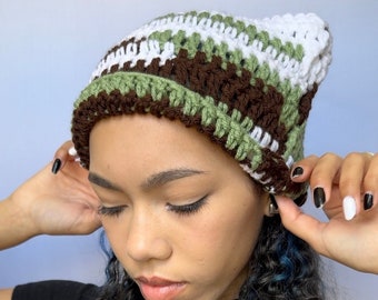 Crochet Striped Cat Ear Beanie - Crocheted Scrap Yarn hat - White, Brown, and Forest Green Cat Beanie - Cute Handmade accessory