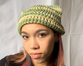 Forest Green and Cream Crochet Striped Cat Ear Beanie, Crocheted Kitty ear hat - Cute Handmade Accessory