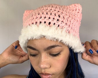 Pink Crochet Cat Ear Beanie with white fluffy faux fur brim, Crocheted Kitty ear hat - Cute Handmade Accessory