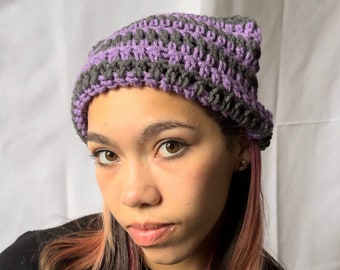 Gray and Purple Crochet Striped Cat Ear Beanie, Crocheted Kitty ear hat - Cute Handmade Accessory