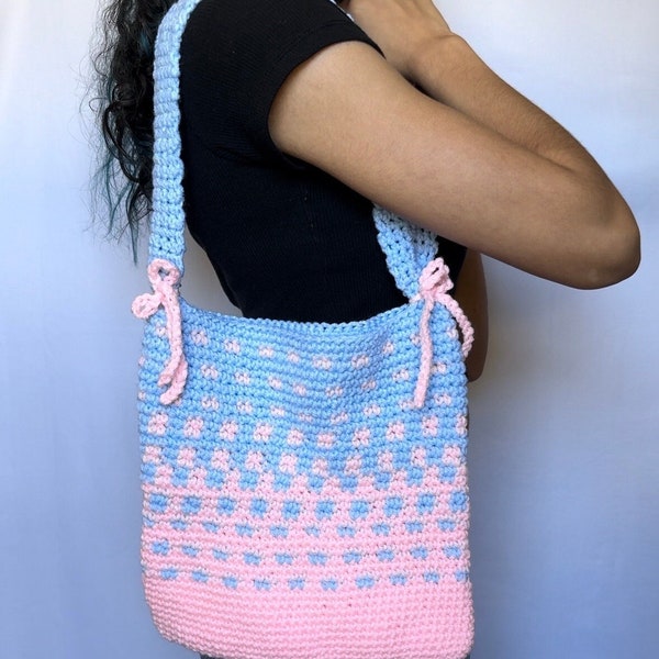 Pink and Blue tote bag - Pink Heart shoulder bag - Coquette Blue Tote Purse with Pink bows