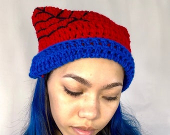 Gorro de Spider-man de ganchillo - sombrero de oreja de gato azul y rojo a rayas