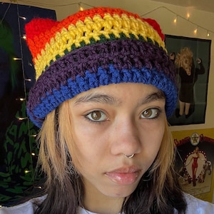 Custom Pride flag Cat Ear Beanie - Crochet Striped Kitty ear hat - Cute Handmade Accessory