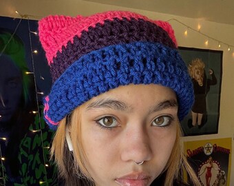 Crochet Striped Pride flag Cat Ear Beanie - Bisexual Flag Crocheted Kitty ear hat - Cute Handmade Accessory