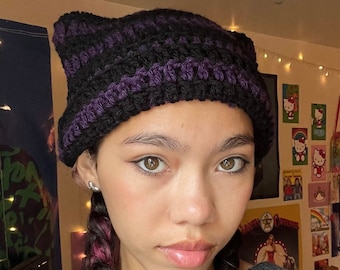 Black and Purple Crochet Striped Cat Ear Beanie, Dark purple Crocheted Kitty ear hat - Cute Handmade Accessory
