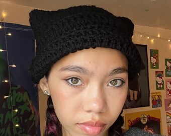 Black Crochet Cat Ear Beanie, Crocheted Kitty ear hat - Cute Handmade Accessory