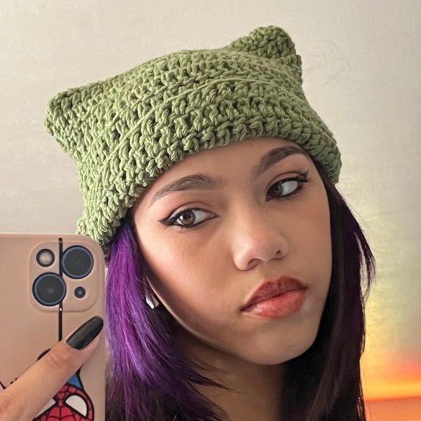 Custom Crochet Cat Ear Beanie, Crocheted Kitty ear hat - Cute Handmade Accessory