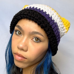 Crochet Nonbinary Pride flag Cat Ear Beanie - Striped Crocheted Kitty ear hat - Cute Handmade Accessory