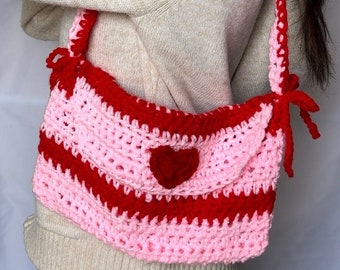 Pink and Red crochet messenger bag - Pink and red striped heart shoulder bag - Coquette Purse with red bows