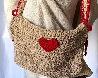 Tan Crochet Heart Messenger bag - Tan and Red heart shoulder tote bag - Coquette Purse with Red bows