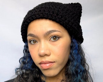 Black Crochet Cat Ear Beanie, Crocheted Kitty ear hat - Cute Handmade Accessory