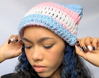 Cat Ear Beanie Transgender Pride flag - Striped Crocheted Kitty ear hat - Crochet Cute Handmade Accessory