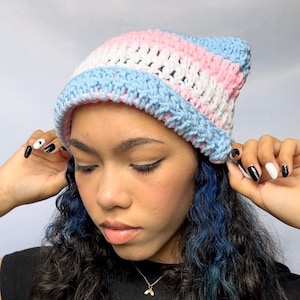 Cat Ear Beanie Transgender Pride flag - Striped Crocheted Kitty ear hat - Crochet Cute Handmade Accessory