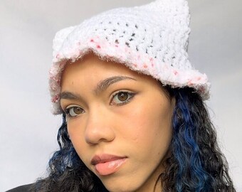 Crochet Fluffy Cat Ear Beanie -  Crocheted Kitty ear hat -  Pink knit hats