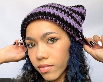Black and purple Crochet Striped Cat Ear Beanie, Crocheted Kitty ear hat - Cute Handmade Accessory