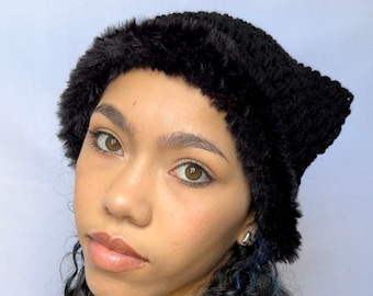 Black Crochet Cat Ear Beanie with fluffy faux fur brim, Crocheted Kitty ear hat - Cute Handmade Accessory