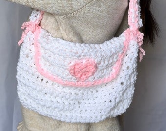 White and Pink crochet messenger bag - Pink Heart shoulder bag - Coquette Purse with Pink bows